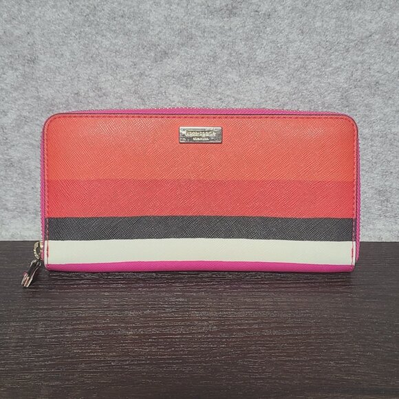 EUC Kate Spade Bold Color Striped Zip-around Wallet Red Pink Black White Leather - Picture 1 of 8